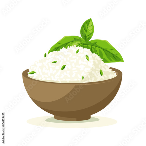 A bowl of rice with a green leaf on top