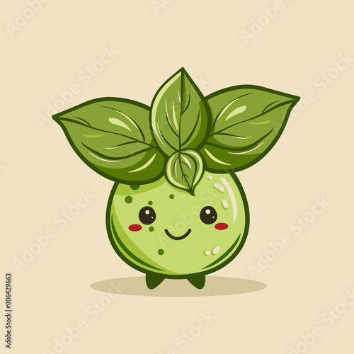 A cartoonish green Pesto with a leaf on top of it. The plant is smiling and has a happy expression
