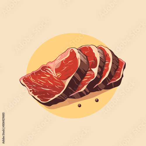 A drawing of a piece of meat with red sauce on it. The drawing is on an orange background. Picanha is a fresh cut of beef