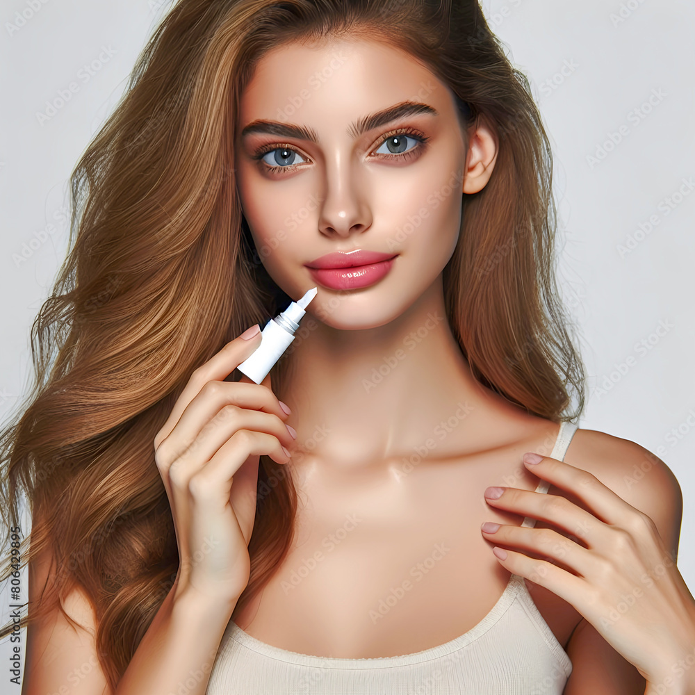 Young beautiful woman applying lip gloss moisturizer for dry lips. Female beauty model using professional make-up for lips and skincare Young beautiful woman applying lip gloss moisturizer for dry lips. Female beauty model using professional make-up for lips and skincare