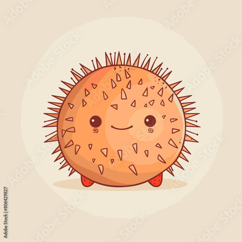 A cartoon sea urchin with a smile on its face. The sea urchin is orange