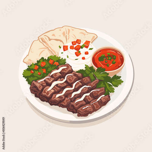 A plate of food with meat, vegetables, and sauce