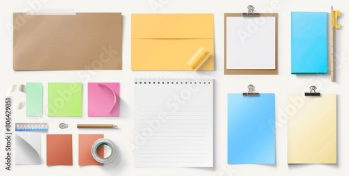 Set of various blank note paper with tape on white background.