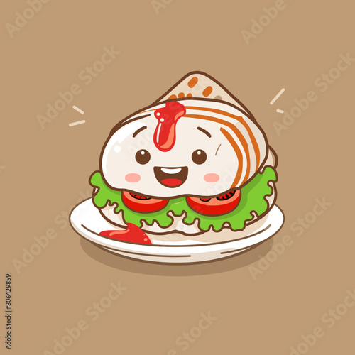 A cartoon sandwich with a smile on its face is sitting on a white plate. The sandwich is topped with lettuce, tomato, and mayonnaise