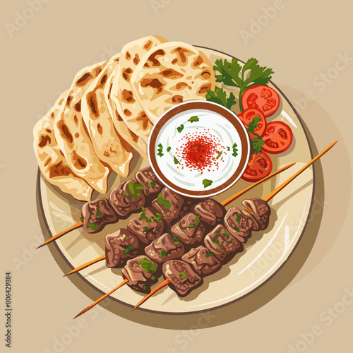 A plate of meat and vegetables with a side of bread and a dipping sauce. Scene is casual and inviting, as it looks like a delicious meal to share with friends or family
