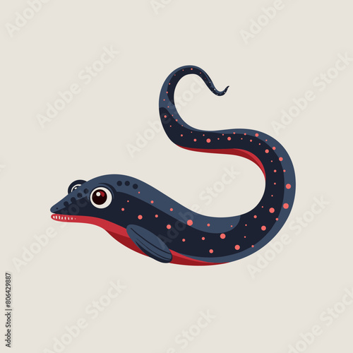 A cartoon fish Eel with a big smile on its face. The fish is black and orange. It is laying on the ground