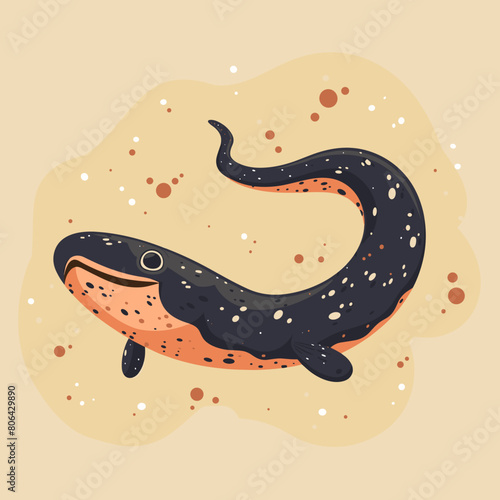 A cartoon fish Eel with a big smile on its face. The fish is black and orange. It is laying on the ground