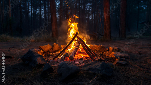 Inviting campfire at dusk with vibrant flames encircled by rocks, set against a backdrop of a dense pine forest, creating a cozy wilderness atmosphere. photo