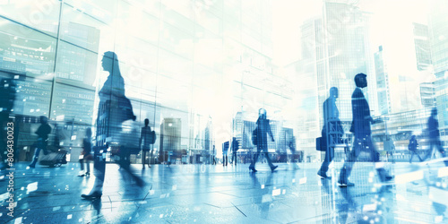 business people walking in the city  with a double exposure effect and a blue and white color theme  with a blurred background of office buildings and skyscrapers.