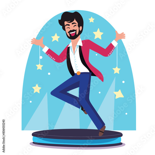 Male performer dancing happily stage, spotlight, stars background. Entertainer costume, vibrant colors, retro disco style. Energetic singer, beard, mustache, joyous expression dancing