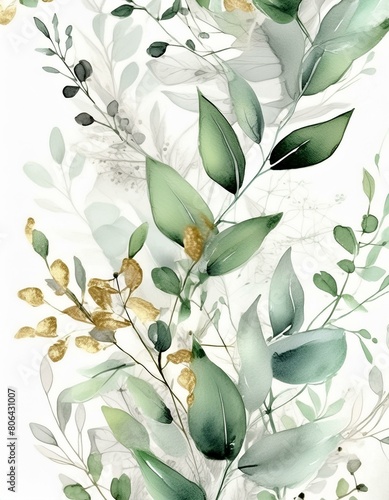 watercolor botanic, Leaf and buds. Seamless herbal composition for wedding or greeting card. Spring Border with leaves eucalyptus