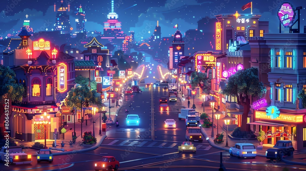 Craft a vivid isometric scene in digital pixel art, depicting a bustling city street at dusk with glowing neon signs and passing cars, capturing the essence of urban nightlife