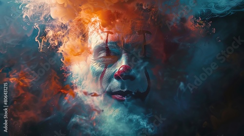 Craft a unique depiction of a clown seen from above, enveloped in a kaleidoscope of colors and smoke against a stark black backdrop using a mix of traditional acrylic techniques and glitch art element photo