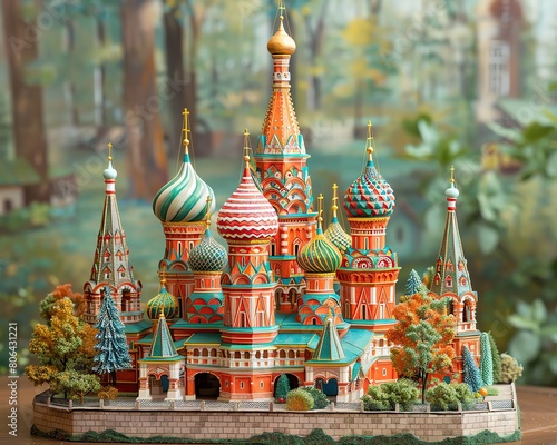 A colorful, detailed carving of Moscow s St Basils Cathedral, with its onion domes photo