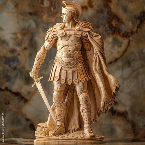 The Roman deity Mars, god of war, shown in full battle armor, meticulously carved photo