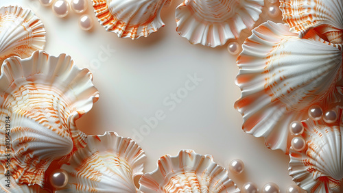Seashells and pearls background. Marine mollusk shells background with copy space, shellfish and underwater seashell wallpaper. Ocean seashell backdrop