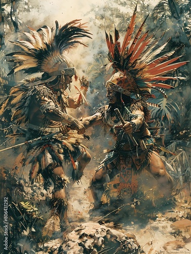 The Mayan hero twins Hunahpu and Xbalanque from the Popol Vuh, in a dynamic battle pose photo