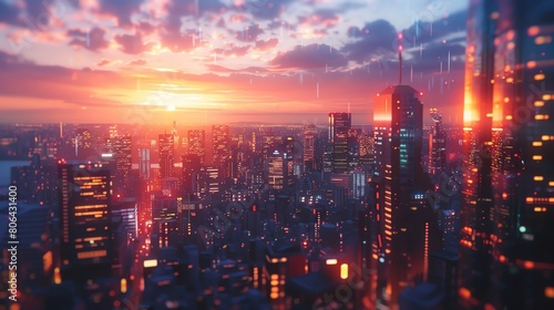 Wallpaper Mural Create a striking 3D rendering of a futuristic city skyline at dusk Use CG techniques to showcase the buildings bathed in contrasting light, casting long shadows in a front-facing split-lighting compo Torontodigital.ca