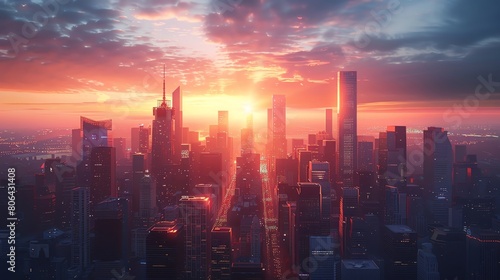 Create a striking 3D rendering of a futuristic city skyline at dusk Use CG techniques to showcase the buildings bathed in contrasting light, casting long shadows in a front-facing split-lighting compo