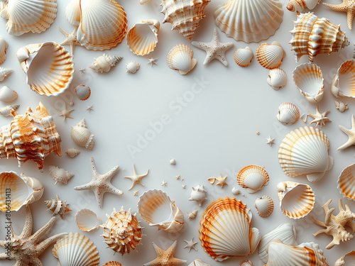 Summer ocean seashell backdrop. Seashells, clam shells and shellfish background copy space, underwater seashell wallpaper. Marine mollusk shells background