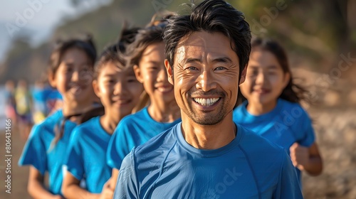 Asian family participating in a local charity run, wearing matching team tshirts