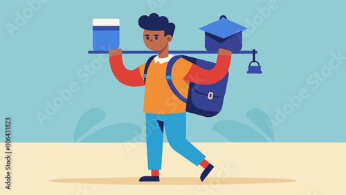 An image of a student holding a large backpack with the ss breaking representing the weight of using loans for both tuition and living expenses.. Vector illustration
