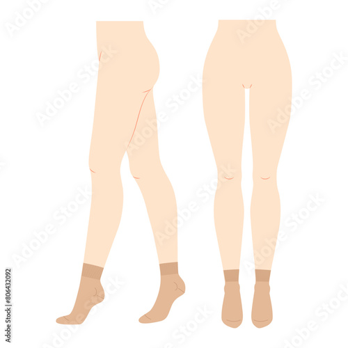 Ankle Socks Set on women legs. Hosiery Fashion accessory clothing technical illustration stocking. Vector front, side view, flat template mockup sketch outline isolated on white background