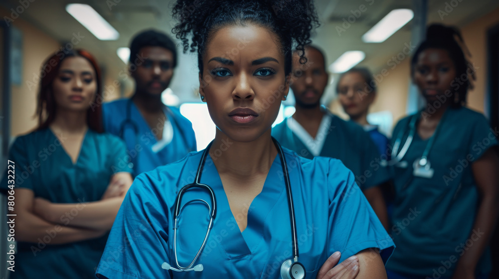 portrait of black female nurse standing in front with her medical team, wearing blue scrubs and stethoscope around necks, serious look on face, background is hospital hallway portrait of black female nurse standing in front with her medical team, wearing blue scrubs and stethoscope around necks, serious look on face, background is hospital hallway