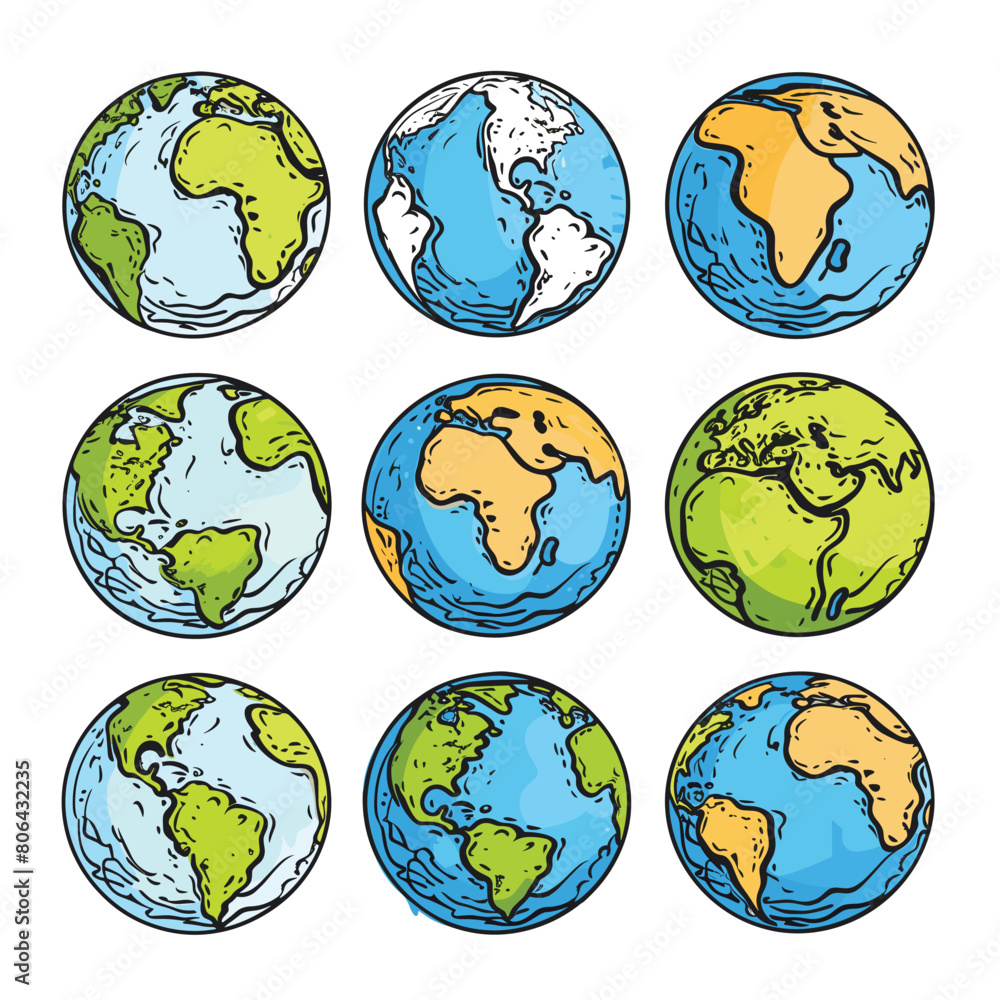 Collection colorful handdrawn globes featuring various continents. Cartoon style earth illustrations continents oceans, globe highlighted blue water, green yellow land