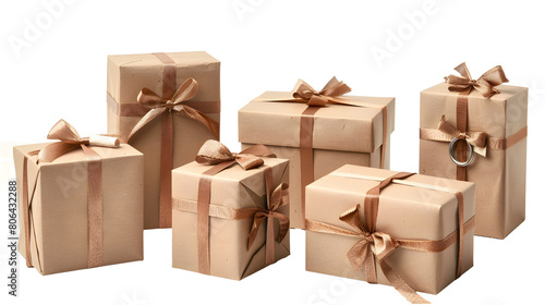 Set of brown craft paper wrapped gift boxes, cut out 