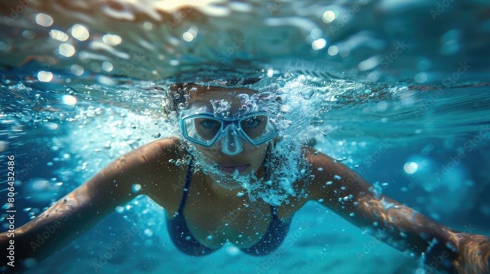 Young woman swimming underwater with air bubbles