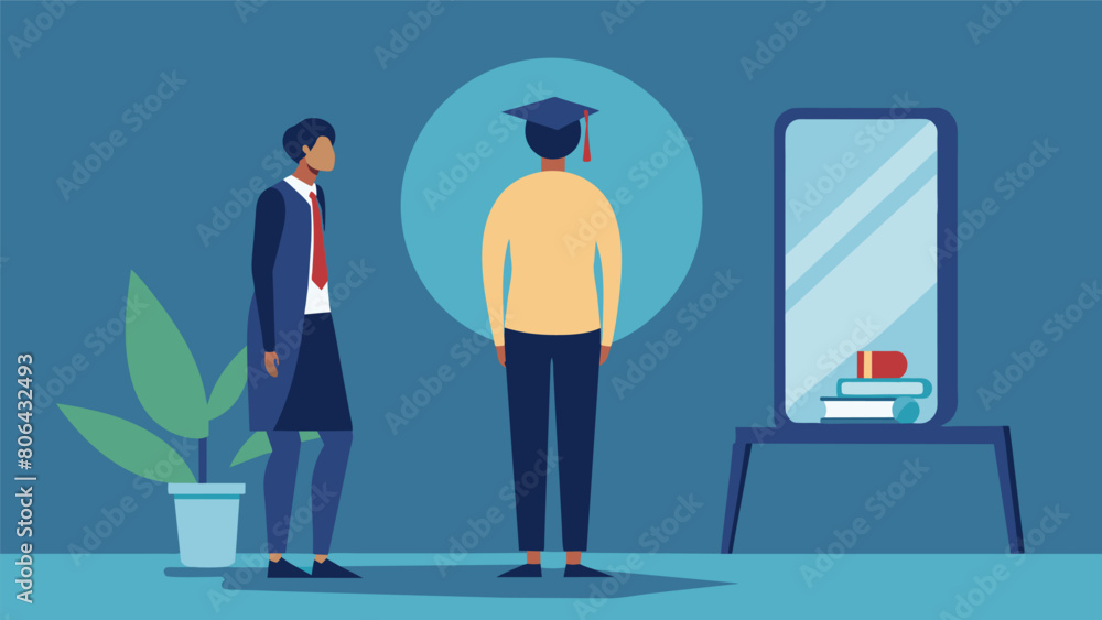 A person stands in front of a mirror their reflection distorted by the weight of their student debt that hangs around their neck.. Vector illustration A person stands in front of a mirror their reflection distorted by the weight of their student debt that hangs around their neck.. Vector illustration