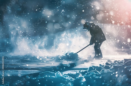 A person braves a snowy blizzard while shoveling