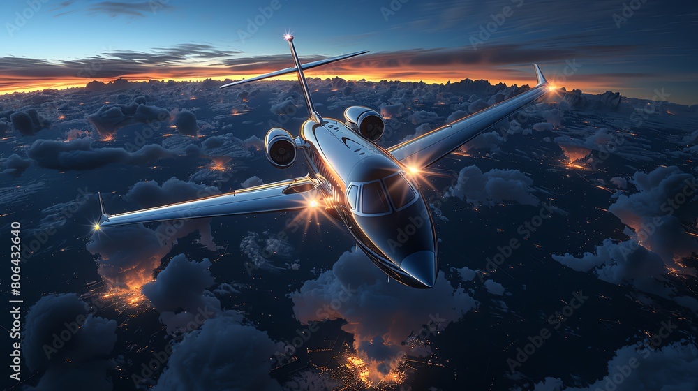 Naklejka premium Sleek private jet, metal gleaming under a deep navy blue twilight, luxury and speed captured in flight