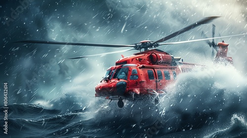 Red rescue helicopter battling against a stormy gray backdrop, showcasing bravery and emergency response in turbulent weather photo