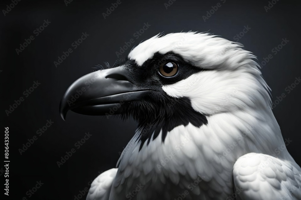 White raven on black background. Close up of a crow. Portrait of a vulture White raven on black background. Close up of a crow. Portrait of a vulture