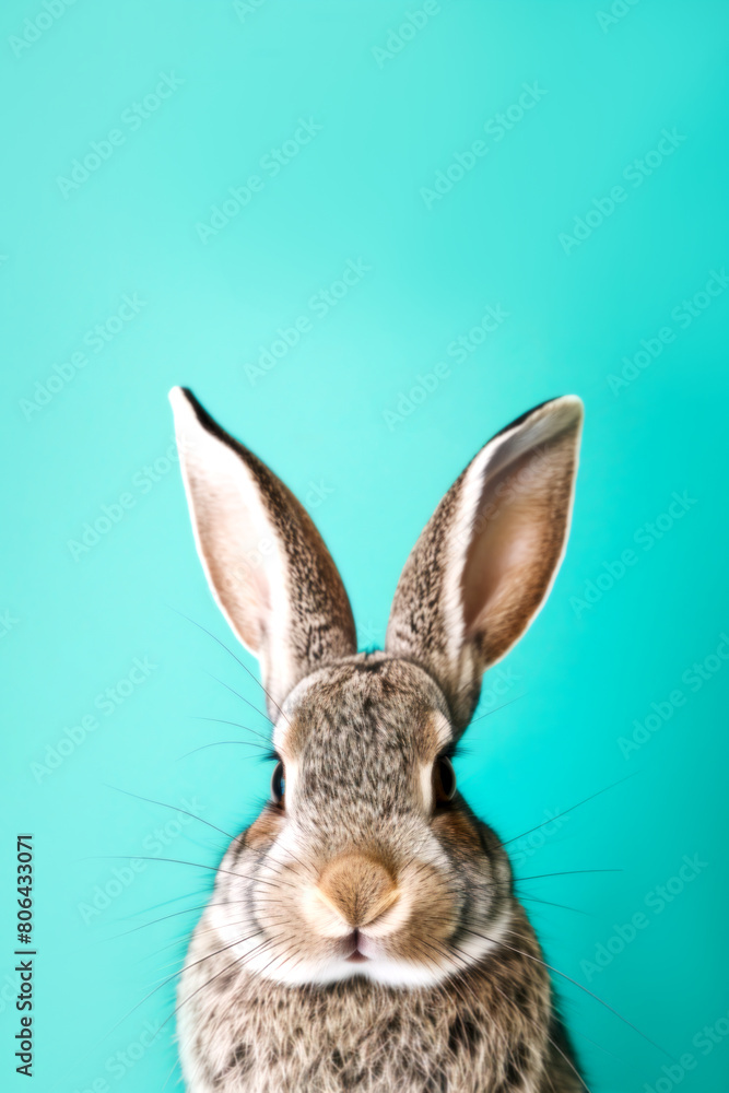 Vertical portrait of a rabbit on a turquoise background background. Easter bunny on light pastel green blue background with copy space for text. For banner, ad, billboard, card, postcard design Vertical portrait of a rabbit on a turquoise background background. Easter bunny on light pastel green blue background with copy space for text. For banner, ad, billboard, card, postcard design