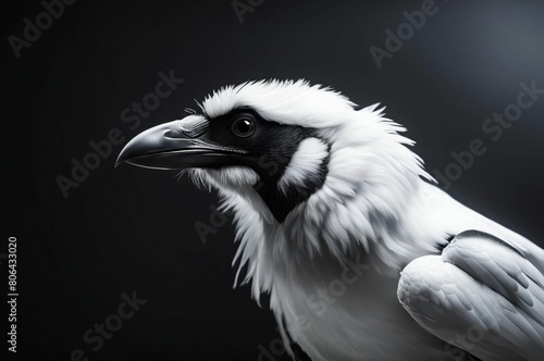 White raven on black background. Close up of a crow. Portrait of a vulture