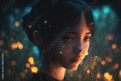 portrait of a child in a field full of fireflies generative ai photo
