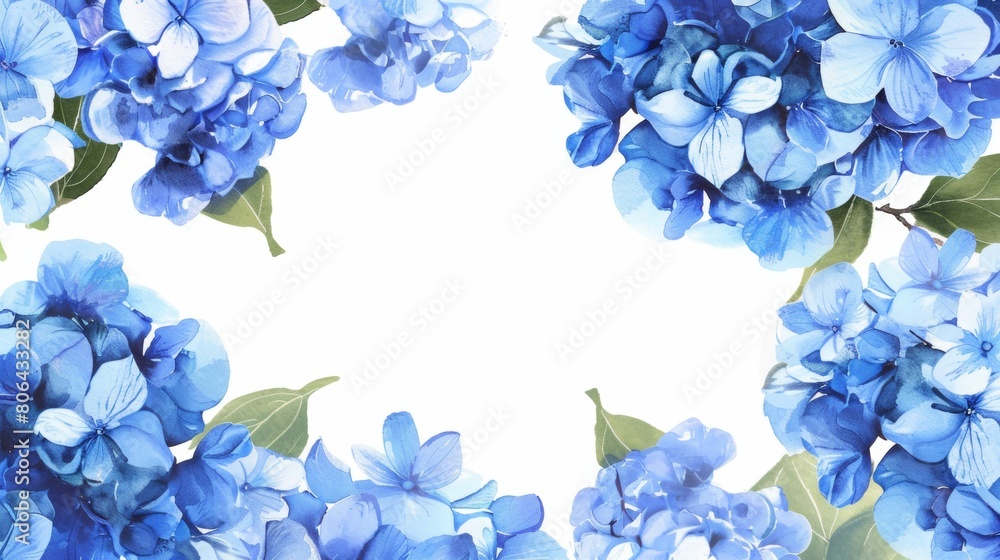 Fototapeta premium watercolor blue hydrangea border frame, sky background, white space in the middle of picture, vector illustration.