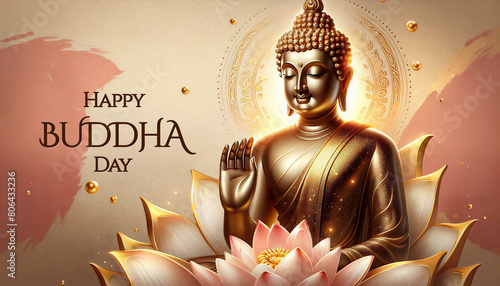 Happy Buddha Day, golden Buddha standing on a pink lotus flower. Buddha day banner. Golden glow around Buddha statue photo