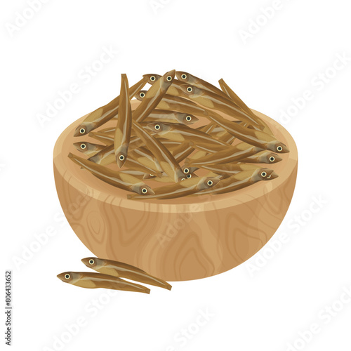 Vector illustration Logo of a Dried Anchovy on a wooden bowl