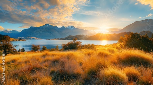 New Zealand landscape with mountains and lake at sunrise photo