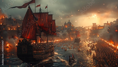 Immerse viewers in a CG 3D rendering of the Battle of Troy through a worms-eye view, capturing the grandeur and chaos in vivid detail photo