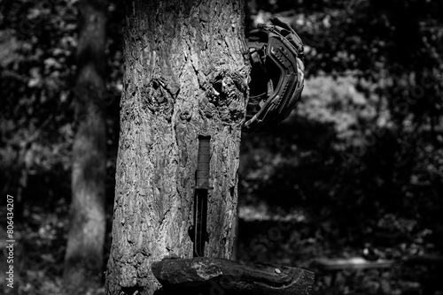 Military assault helmet and tactical knife in the forest on a tree.
Military ammunition, tactical equipment. Soldier's War in Ukraine. Black and white photo photo