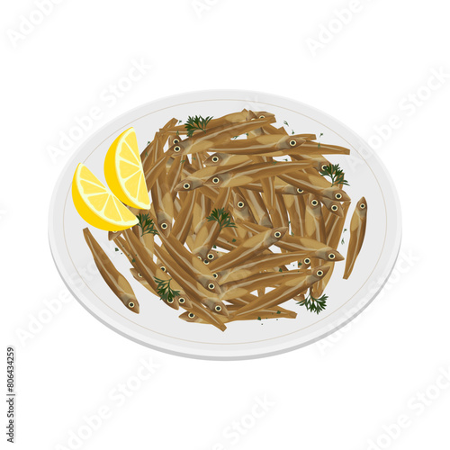 Vector illustration logo dried anchovies on a plate