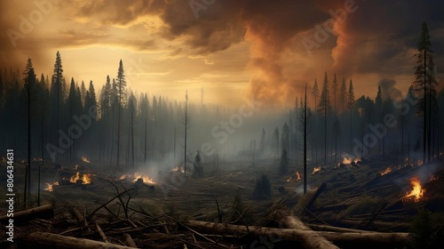 forest fire. The sky is orange, the trees are black, and the ground is covered in ash. photo