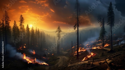 A wildfire burns through a forest, destroying trees and wildlife. The scene is one of devastation and loss. photo
