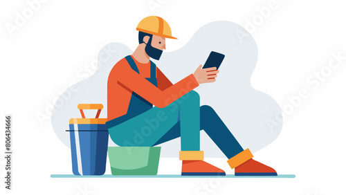 A worker sitting on a bucket scrolling through his phone and taking a break from the manual labor.. Vector illustration
