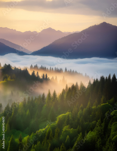 A tranquil scene unfolds with misty valleys